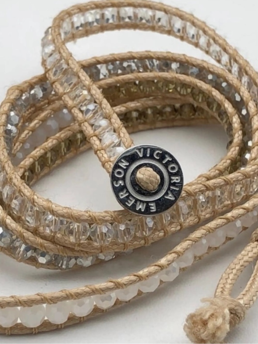 Victoria Emerson Neutral Crystal & Beige Wrap Bracelet